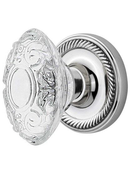 Rope Rosette Door Set with Victorian Crystal-Glass Knobs - 2 3/4 in Polished Chrome.